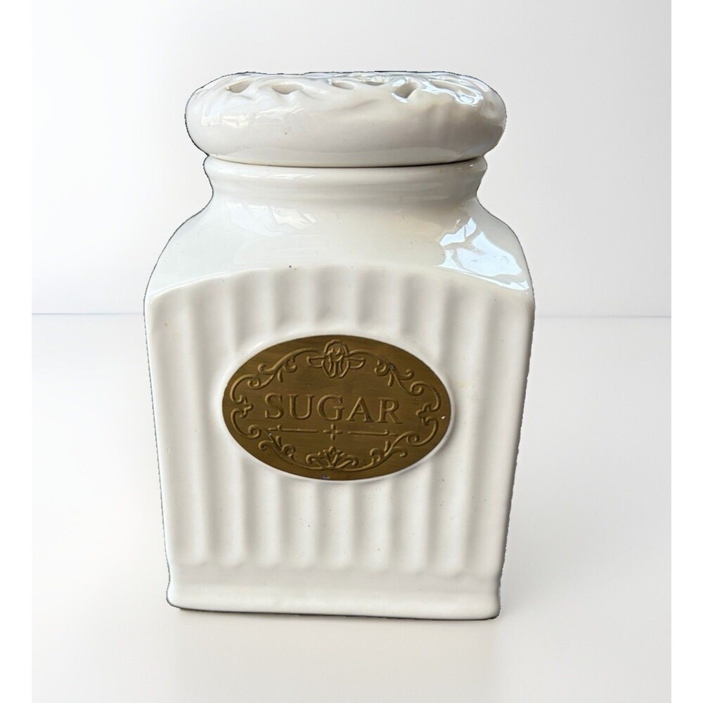 THL White Ceramic Sugar Canister Jar French Country Farmhouse Lattice Lid Bronze